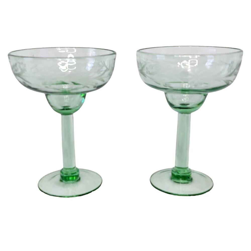 Bobby Flay BFZ1 Green Etched Floral Margarita Glasses Hand Blown Set of 2